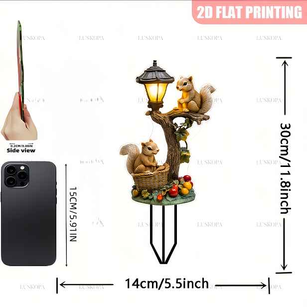 TEMU 2D Plochý, [2D Plochý] 2D Plochá , 1ks Zahradní Kolík ve Stylu Bohémské Veverky - Rustikální Venkovní Dekorace se 2ks Veverkou, Lucernou a