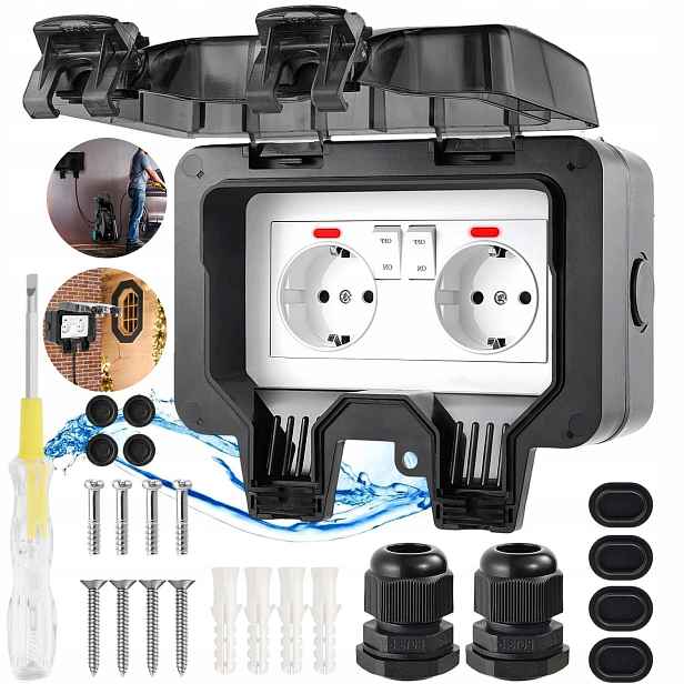 Dvojitá Venkovní Elektrická Zahradní Zásuvka Vodotěsná 220-250V IP66