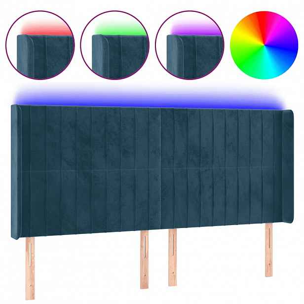 vidaXL Čelo postele s LED tmavě modré 163 x 16 x 118/128 cm samet