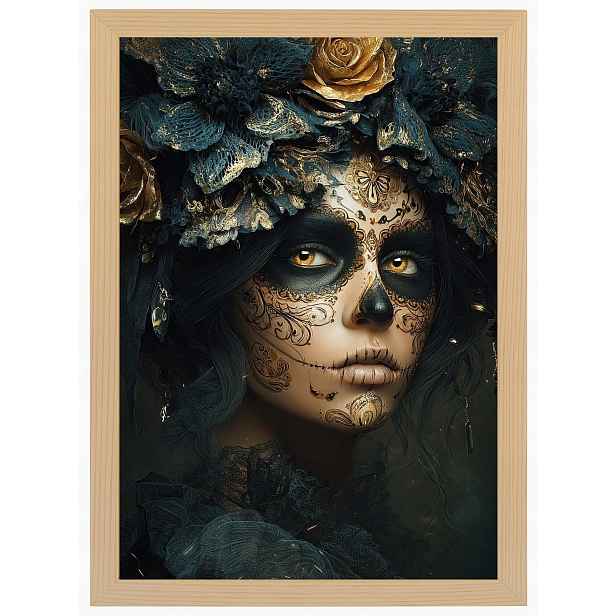 Plakát Rámeček Dřevo Dia De Los Muertos Catrina Zlaté Růže Art 60x80