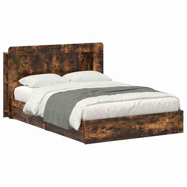 vidaXL Rám postele s úložným prostorem s čelo Kouřový dub 135 x 190 cm