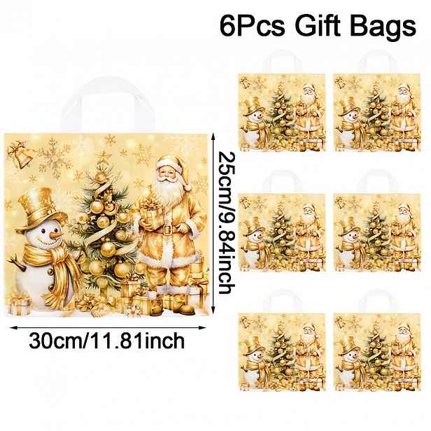 TEMU 6ks Velké Vánoční Dárkové Tašky s Uchy, 30*25cm, Plastové Tašky s Vzorem Zlatého Santa , Sněhuláka a Vánočního Stromku, Sezónní Tašky na Dárky