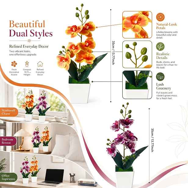 TEMU Sada 2 realistických orchidejí Phalaenopsis v květináčích, fialovo-bílé s tečkovaným vzorem a oranžovo-žlutý gradient, dvoubarevné květinové