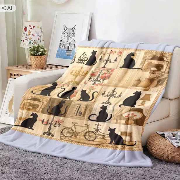 Deka s kočkami Kočka vitráž kočka květiny přehoz Černá kočka koláž 150 x 200 cm