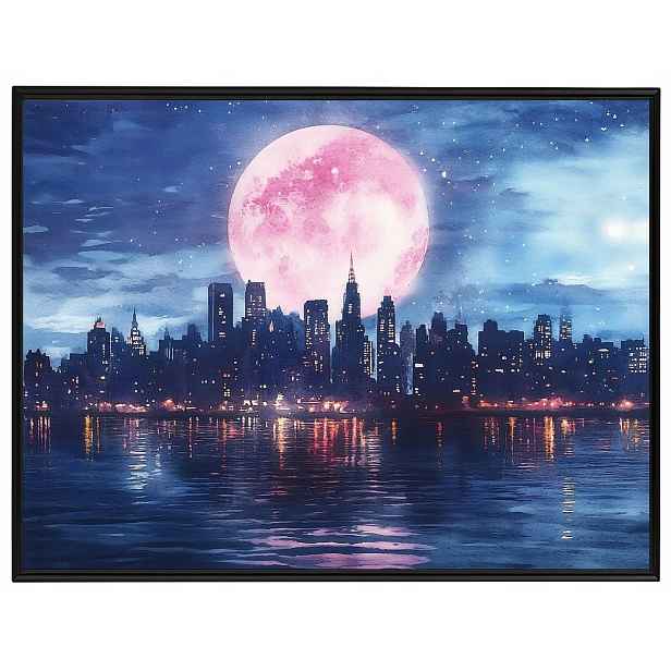 Plakát Rámeček Hliníkový Město Panorama Mrakodrapy Řeka Noc Měsíc 80x60