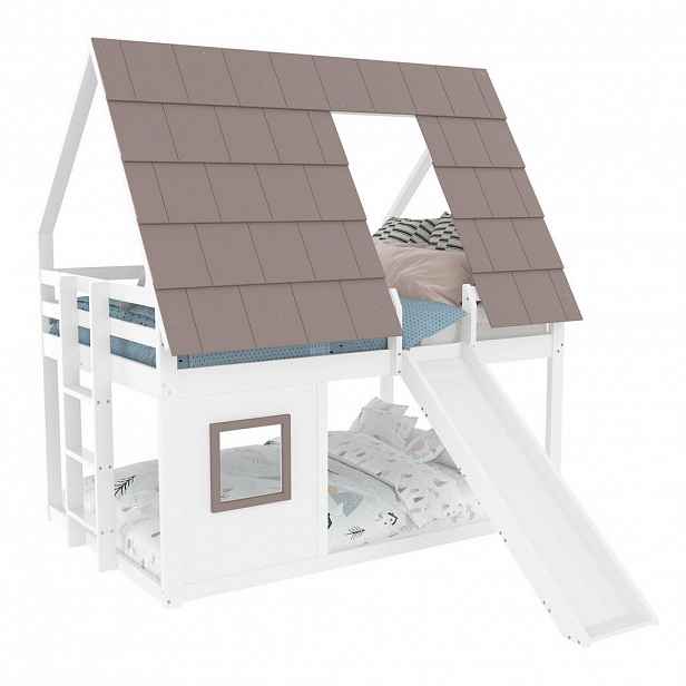Redom PALANDA 140/200 cm s domečkovým designem, střechou, žebříkem a skluzavkou, stabilní konstrukce, Hnědá + Bílá