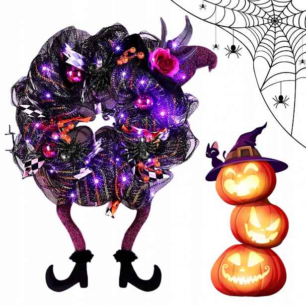 Halloweenská dekorace věnec ozdoba na dveře čarodějnice nohy Led