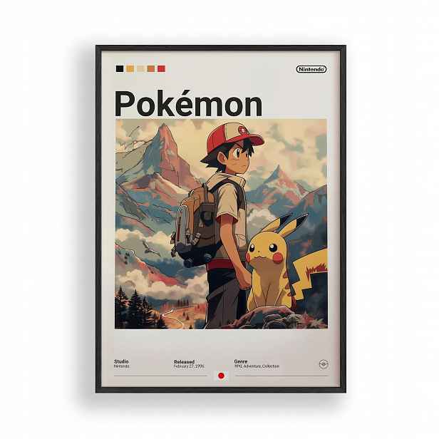 Obraz Pokémon Ash Pikachu Putování Plakát Rámeček Dřevěný Černý 30x42 cm