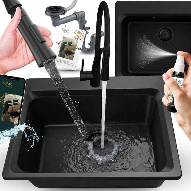 Granitový dřez černý Velká kuchyňská Baterie dávkovač Syfon impregnace