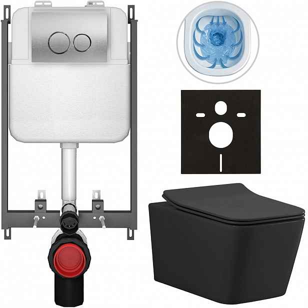 Kompletní WC set Basic/Forte - černá matná - WC tlačítko Dualo/Stříbrná - pro zazdění - 51x36 cm