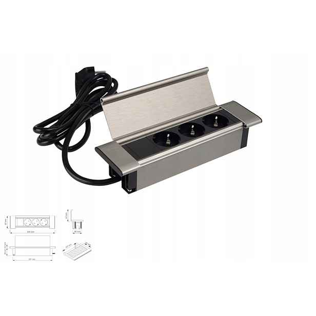 Zásuvka Flat Box ocel škrábaná, 3 x zásuvka Schuko, napájecí kabel