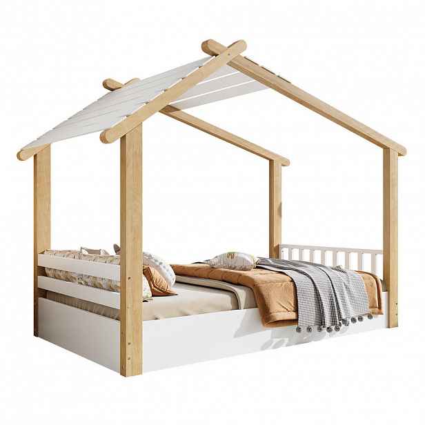 Redom DĚTSKÁ postýlka 90/200 cm s designem domečku a stabilním lamelovým roštem, jednoduchý styl, Bílá/Natur