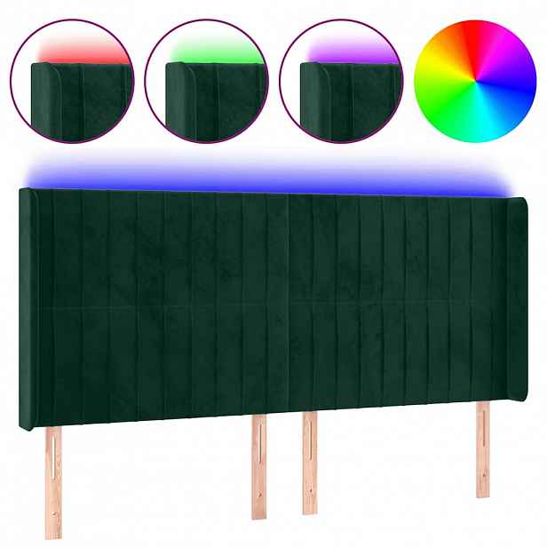 vidaXL Čelo postele s LED tmavě zelené 203 x 16 x 118/128 cm samet