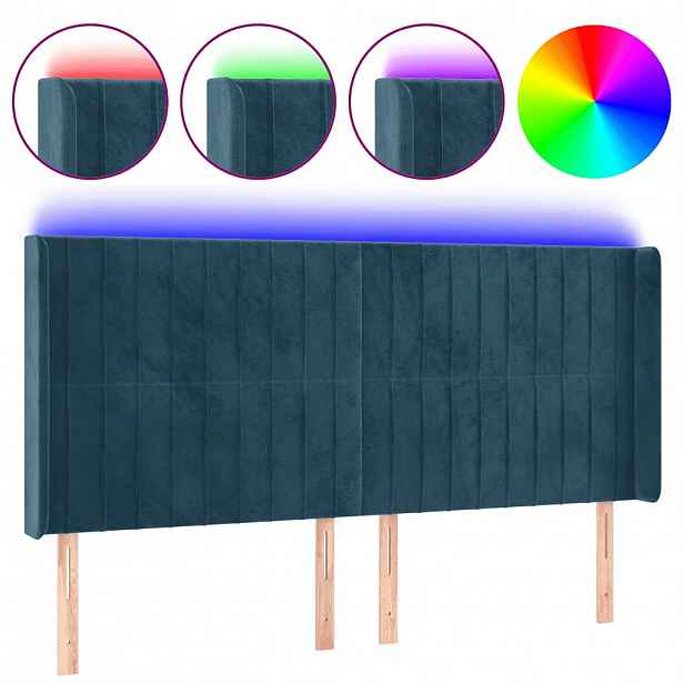 vidaXL Čelo postele s LED tmavě modré 203 x 16 x 118/128 cm samet