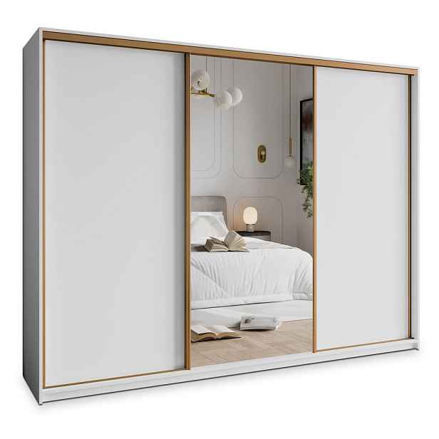 MASSENO ŠATNÍ SKŘÍŇ S POSUVNÝMI DVEŘMI TAVI, 250/205/60 cm 3dveřová se zrcadlem a zásuvkami, bílá