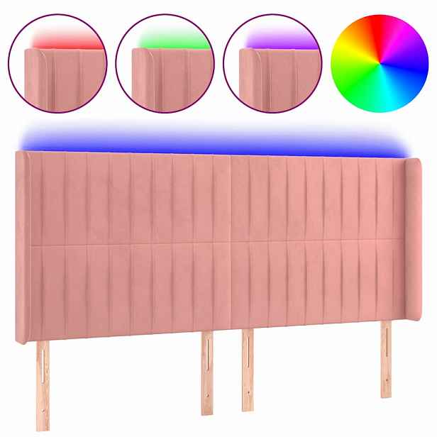 vidaXL Čelo postele s LED růžové 203 x 16 x 118/128 cm samet