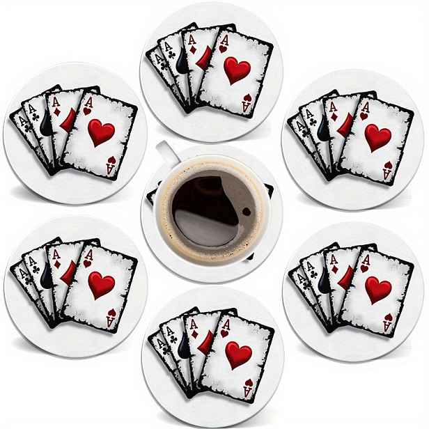 TEMU 6ks Dřevěné podtácky s pokerovým vhodné pro hrnky a sklenice - Kulaté ochranné podložky na stůl s dřevěnou strukturou a pokerovým a karetním