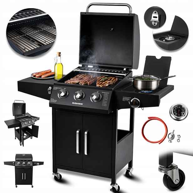 Plynový Gril Litinový Zahradní Rošt Nerezový 3+1 11,6 kW Černý