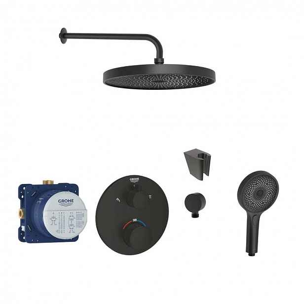 SANITINO - Sprchový set s termostatem a tělesem pod omítku Grohe, příslušenství kielle, matná černá SANI21GKK403
