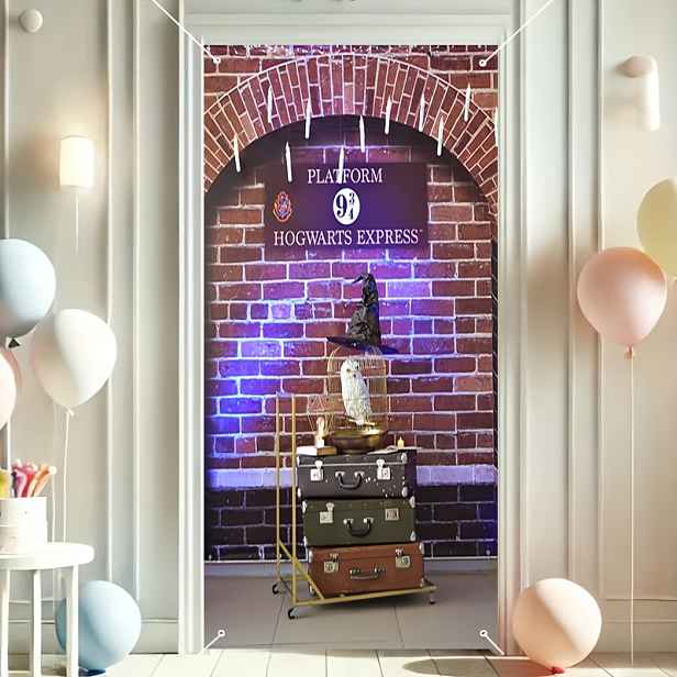 TEMU 2D banner na dveře WB Autorizováno 1 ks Cihlová stěna Platforma Kufřík Bílá Harry Potter Závěs na dveře Závěs do obývacího pokoje,