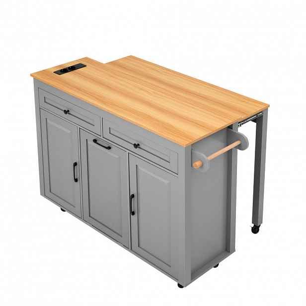 Modfu KUCHYŇSKÝ ostrůvek z MDF 120x40-75x92 cm šedý s výsuvnou deskou, zásuvkami, USB a prostorem pro odpad