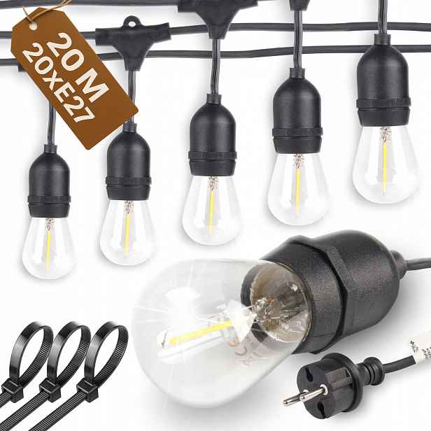 Venkovní Zahradní Girlanda 20 m 20 Led x E27 Upínací Pásky Montáž
