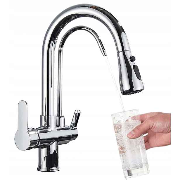 Kuchyňská Baterie Třícestná Filtr Vytahovací Sprcha Chrom