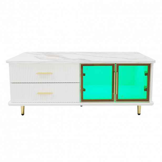 Redom KONFERENČNÍ stolek 100/50/40 cm s LED osvětlením, úložným prostorem a mramorovým dekorem, Bílá