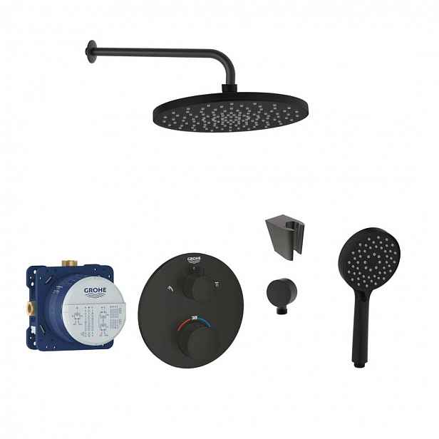 SANITINO - Sprchový set s termostatem a tělesem pod omítku Grohe, příslušenství kielle, matná černá SANI21GKK404
