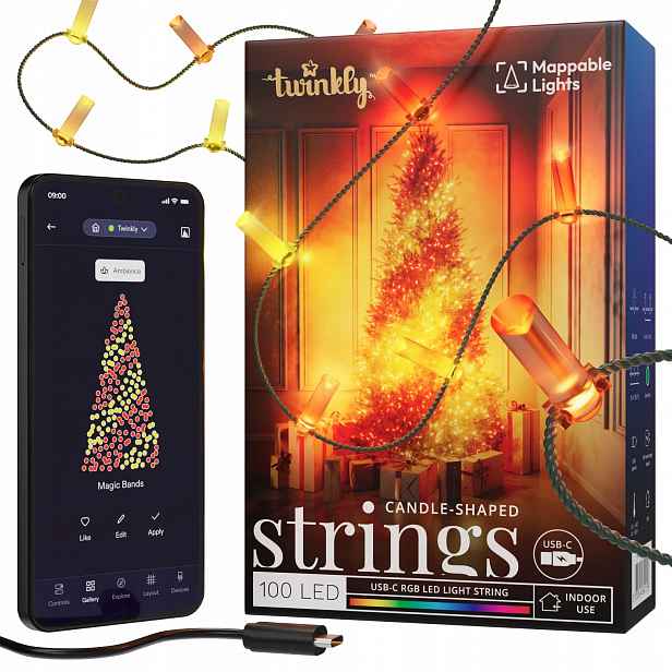 Vánoční osvětlení na stromeček Twinkly Strings Usb-c, 100 Led, svíčky, 6 m, zelený oplet