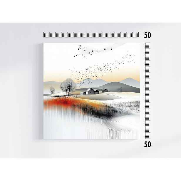 Obraz Na Plátně Canvas Krajina Hory Pahorky Vesnice Pole Květiny Ptáci 50x50