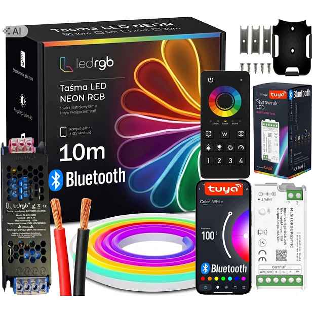 Set Led Pásek Neon 10M Rgb 1x10 Aplikace Bt Tuya Dálkový Ovladač Napájecí Montáž