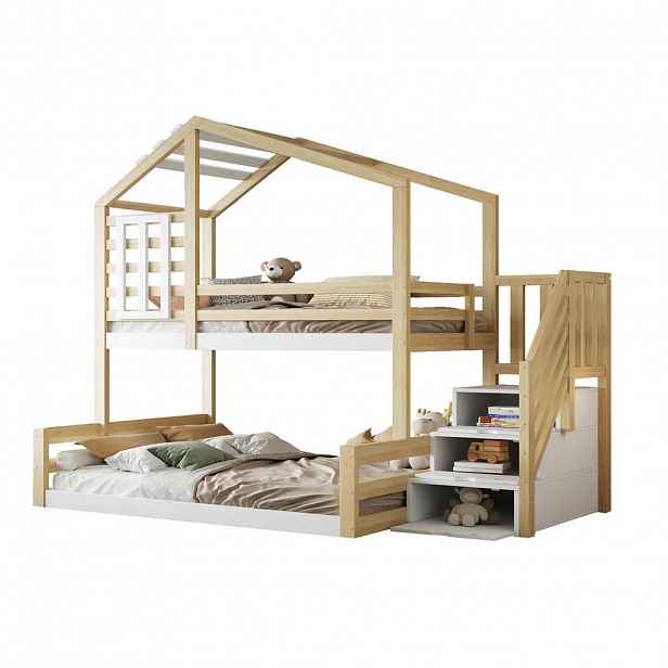 Redom PALANDA 90/200 cm s domkem, oknem, zábradlím a úložným schodištěm, borovice a MDF, Přírodní