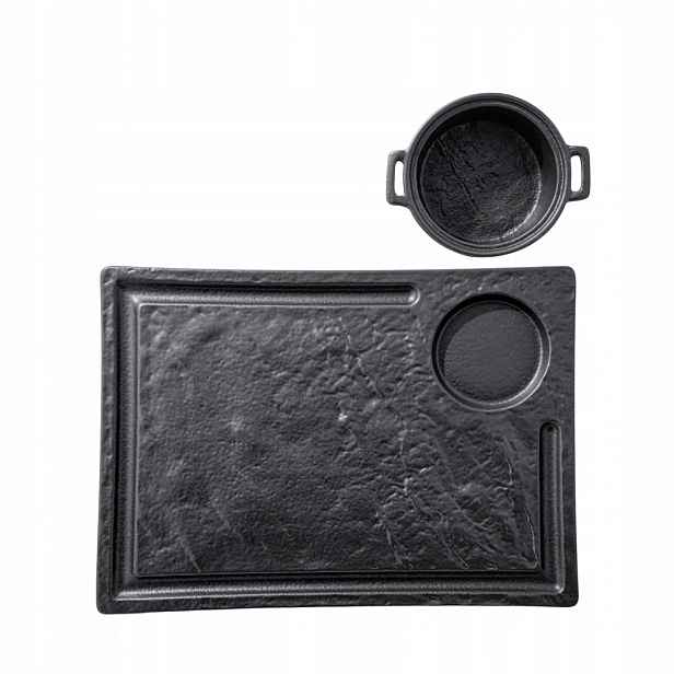 Sada Na Steak Talíř 32,5x23 cm a omáčník 10,5x3,7 cm Černý Porcelán