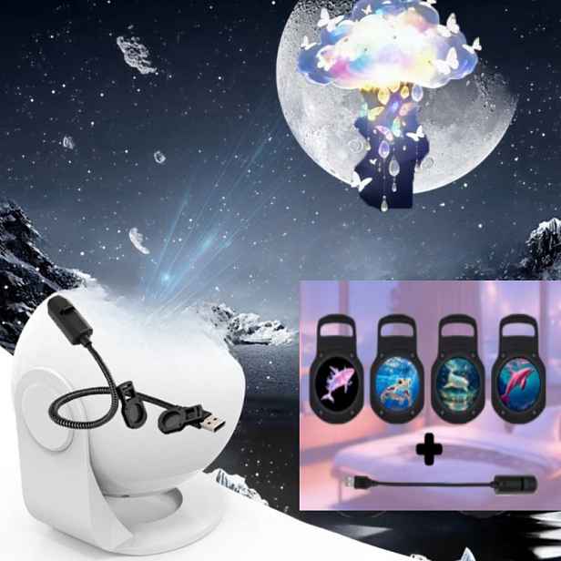 TEMU USB Projekční lampa Snový , 4 vyměnitelné diapozitivy s mořskými tvory - včetně delfína / zlaté rybky / růžové velryby, čirý ambientní projekční