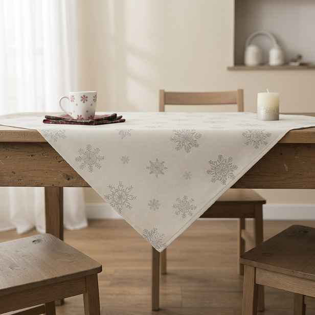 Vánoční ubrus na stůl SNOWFLAKE krémová/stříbrná 85x85 cm
