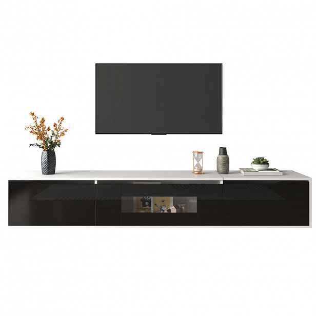 Redom TV stolek 180/35/30 cm s LED osvětlením, vysoký lesk a drážkovanými dvířky, Bílá