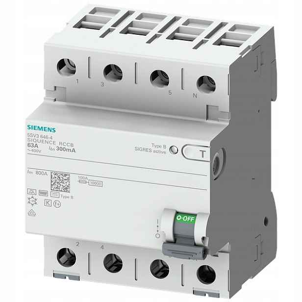 Siemens proudový chránič (rccb), 4pólový, typ B, krátkodobě zpožděný, In: 63 A, 300 mA