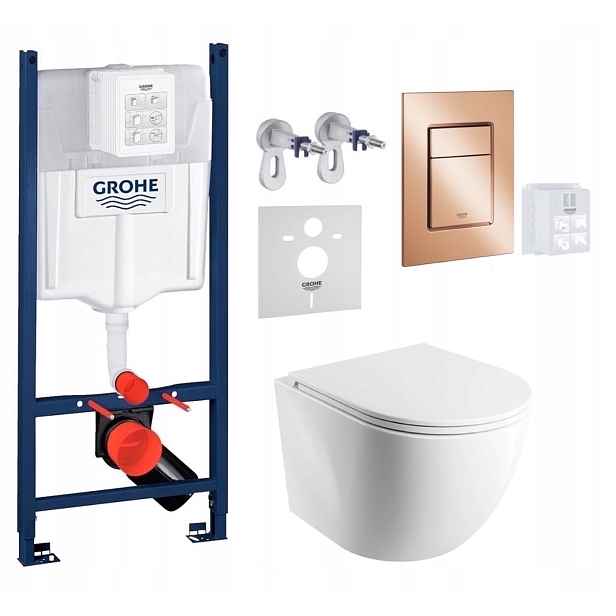 Wc stojan Grohe Rapid s mísou Cmwbp Rimless a tlačítkem měď lesk