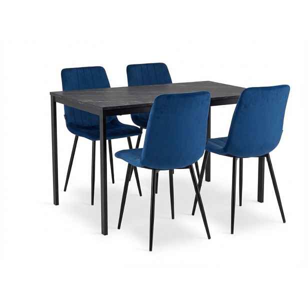 Jídelní set 1 + 4, černý stůl RAMOD 100x60 cm + modrá židle LAVA s černými nohami