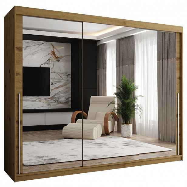 Home Collective ŠATNÍ SKŘÍŇ S POSUVNÝMI DVEŘMI se zrcadlem, šířka 250 cm, Artisan se stříbrným madlem