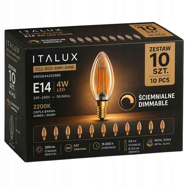 Sada 10 x Led Stmívatelná žárovka E14 4W Teplá svíčka Barva Italux