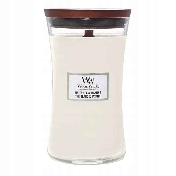 Woodwick White Tea & Jasmine vonná svíčka s dřevěným knotem, 610 g
