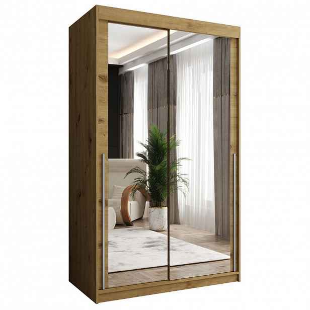 Home Collective ŠATNÍ SKŘÍŇ S POSUVNÝMI DVEŘMI se zrcadlem, šířka 120 cm, Artisan se stříbrným madlem