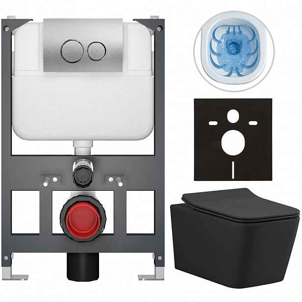 Kompletní WC set Basic/Forte - černá matná - WC tlačítko Dualo/Stříbrná - závěsné - nízký modul - předstěnová instalace - 51x36 cm