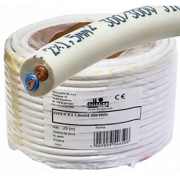Kabel Omy 2x1,5mm 300V Cu měděný kulatý 25 m