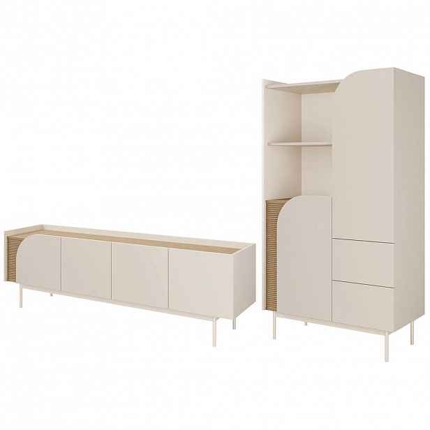 Beautysofa OBÝVACÍ STĚNA Camel, TV stolek 172 cm + regál na knihy 90 cm, rýhovaný detail, jarní dub + Macadamia