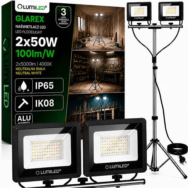 Set Halogen Led zářič Stativ 2x50W Stavební Pracovní Výkonný