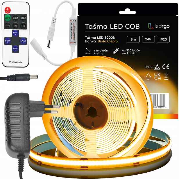Sada Led pásek Neon Cob 24V 5 m 3000K Bílý Teplý Napájecí Zdroj Stmívač