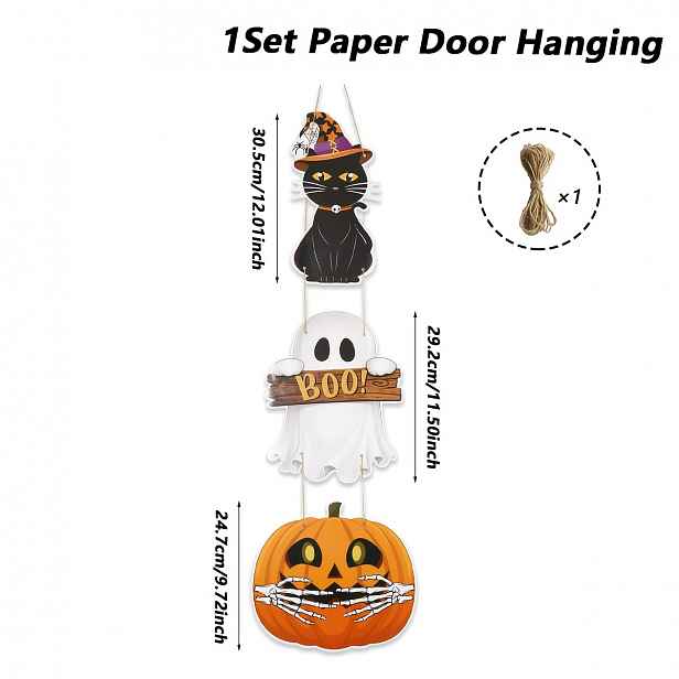TEMU 1 sada, Závěsné ozdoby, Halloweenské papírové závěsné dekorace na dveře, Halloweenské závěsné ozdoby s dýní a černou kočkou, Strašidelné BOO